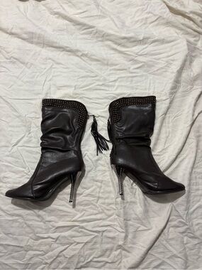 Women's Go Fresh Black Studded Leather Mid-Calf Heeled Boots - Size 38
